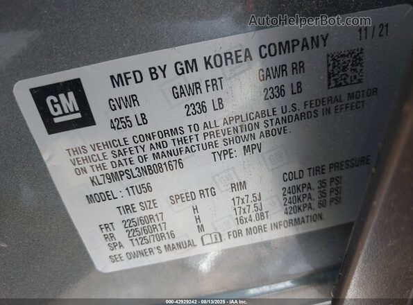 KL79MPSL3NB081676 2022 CHEVROLET TRAILBLAZER Gray Вид підкапотного простору