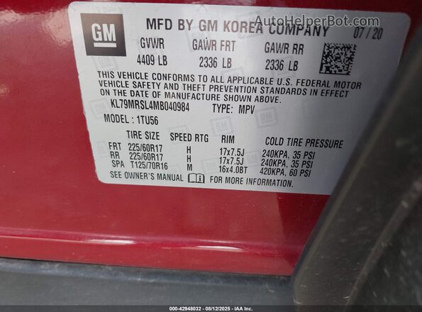 KL79MRSL4MB040984 2021 CHEVROLET TRAILBLAZER Red Շարժիչի բաժամունքի տեսք