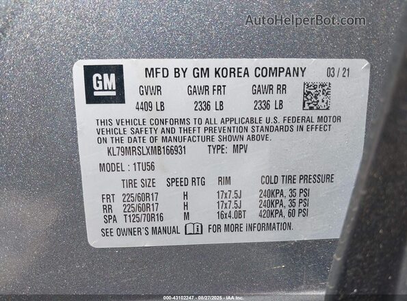 KL79MRSLXMB166931 2021 CHEVROLET TRAILBLAZER Light Blue Widok komory silnika