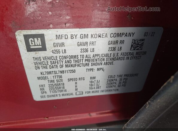 KL79MTSL7NB117250 2022 CHEVROLET TRAILBLAZER Red Vista del compartimento del motor