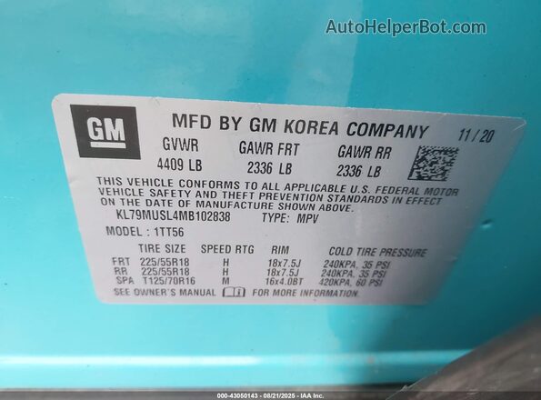 KL79MUSL4MB102838 2021 CHEVROLET TRAILBLAZER Turquoise ძრავის განყოფილების ხედი