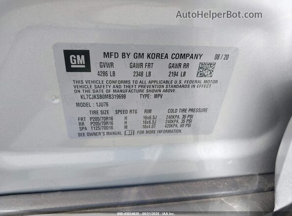 KL7CJKSB0MB319698 2021 CHEVROLET TRAX Silver Вид підкапотного простору