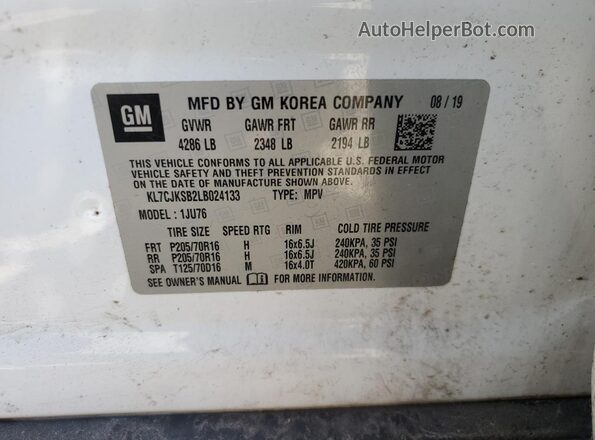 KL7CJKSB2LB024133 2020 CHEVROLET TRAX White Widok komory silnika