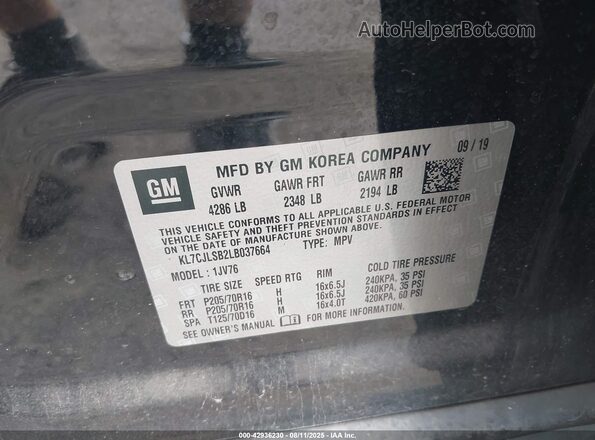KL7CJLSB2LB037664 2020 CHEVROLET TRAX Black Вид підкапотного простору