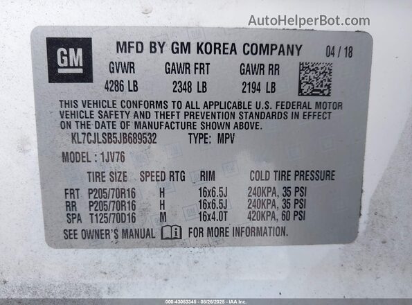 KL7CJLSB5JB689532 2018 CHEVROLET TRAX White 