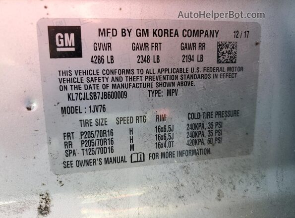 KL7CJLSB7JB600009 2018 CHEVROLET TRAX Silver 
