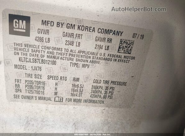 KL7CJLSB7LB012100 2020 CHEVROLET TRAX Silver Вид підкапотного простору
