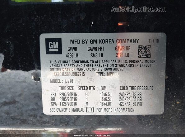 KL7CJLSB8LB067915 2020 CHEVROLET TRAX Black Vista del compartimento del motor