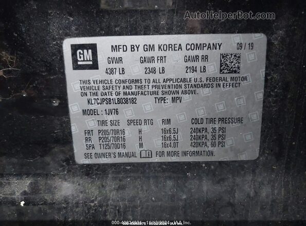 KL7CJPSB1LB038182 2020 CHEVROLET TRAX Black Vista del compartimento del motor