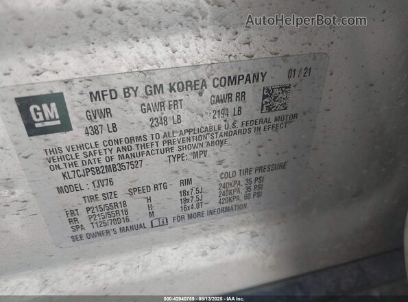 KL7CJPSB2MB357527 2021 CHEVROLET TRAX Silver Вид підкапотного простору