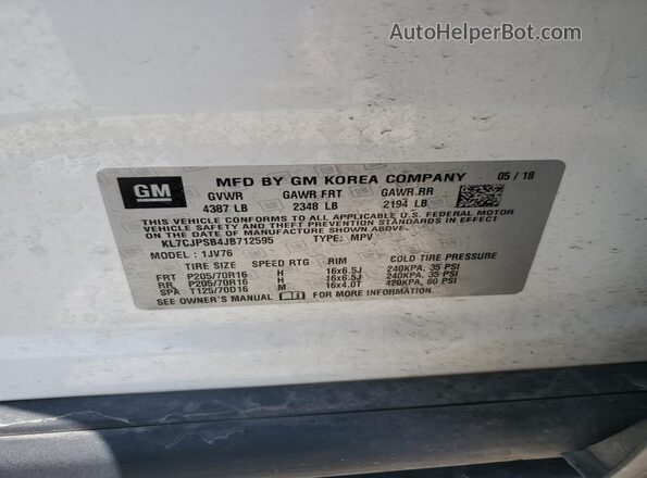 KL7CJPSB4JB712595 2018 CHEVROLET TRAX White 