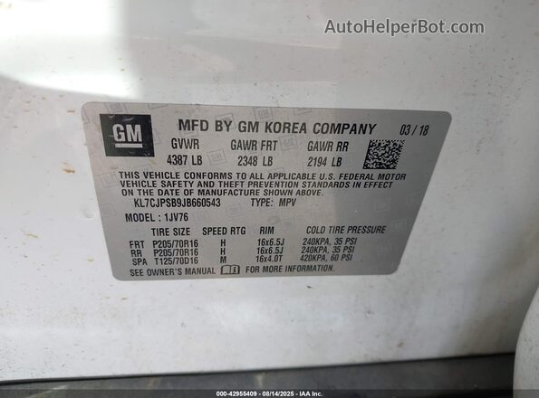 KL7CJPSB9JB660543 2018 CHEVROLET TRAX White 