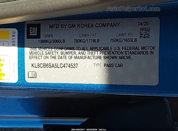 KL8CB6SA5LC474537 2020 CHEVROLET SPARK Черный Вид подкапотного пространства