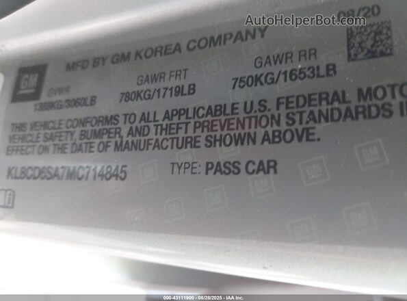 KL8CD6SA7MC714845 2021 CHEVROLET SPARK Silver 