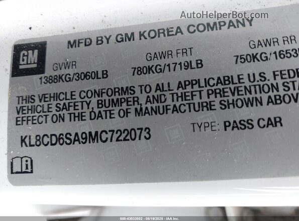 KL8CD6SA9MC722073 2021 CHEVROLET SPARK White Вид підкапотного простору