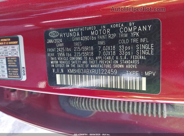 KM8HB3ABXRU122459 2024 HYUNDAI KONA Красный 