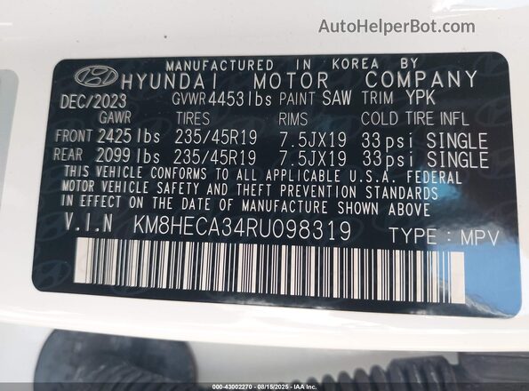 KM8HECA34RU098319 2024 HYUNDAI KONA White ძრავის განყოფილების ხედი