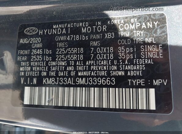 KM8J33AL9MU339663 2021 HYUNDAI TUCSON Серый Вид подкапотного пространства
