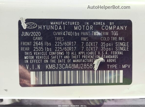 KM8J3CA48MU285877 2021 HYUNDAI TUCSON White ძრავის განყოფილების ხედი