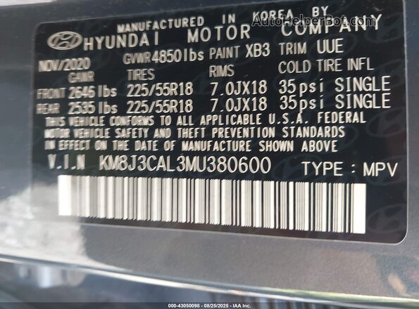 KM8J3CAL3MU380600 2021 HYUNDAI TUCSON Gray Engine compartment view