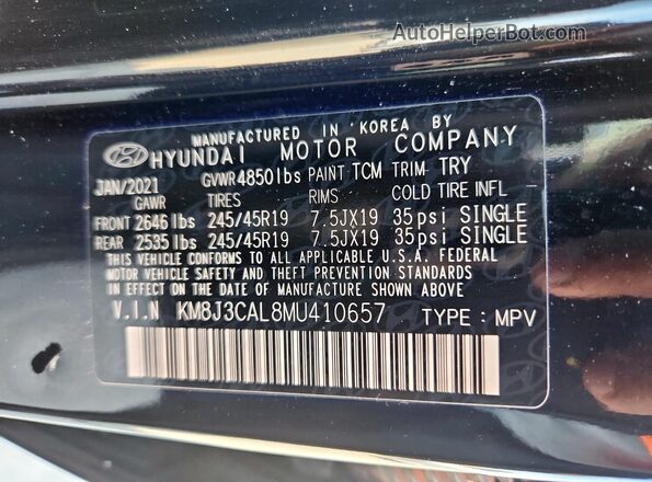 KM8J3CAL8MU410657 2021 HYUNDAI TUCSON Черный 