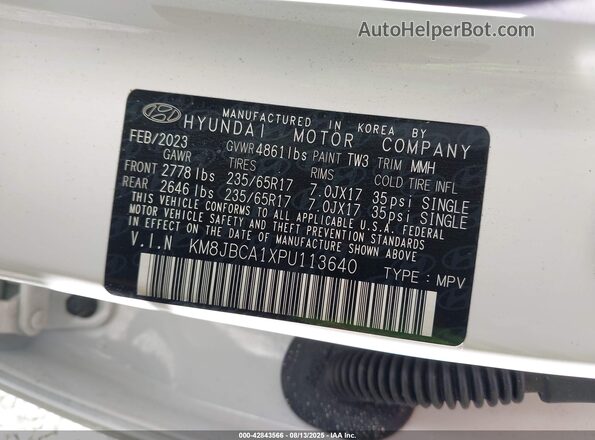 KM8JBCA1XPU113640 2023 HYUNDAI TUCSON HYBRID White 