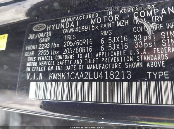 KM8K1CAA2LU418213 2020 HYUNDAI KONA Black Շարժիչի բաժամունքի տեսք