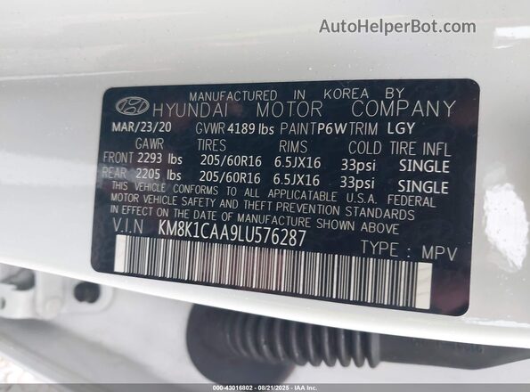 KM8K1CAA9LU576287 2020 HYUNDAI KONA White Vista del compartimento del motor