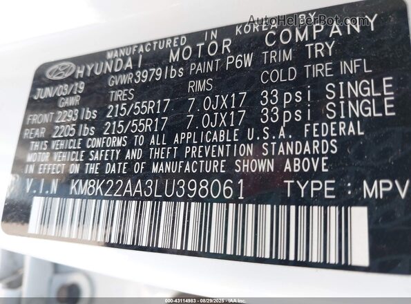 KM8K22AA3LU398061 2020 HYUNDAI KONA Белый Вид подкапотного пространства