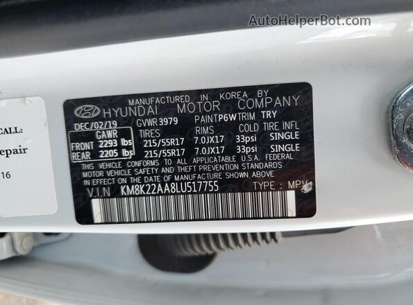 KM8K22AA8LU517755 2020 HYUNDAI KONA White VIN կոդի պիտակի տեսք