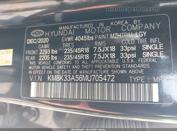 KM8K33A56MU705472 2021 HYUNDAI KONA Black Շարժիչի բաժամունքի տեսք