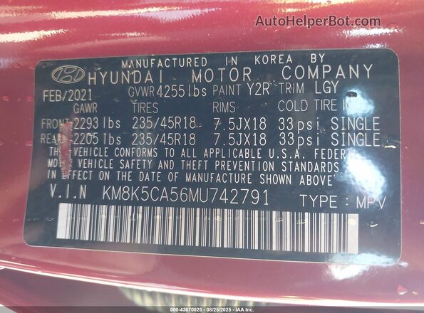 KM8K5CA56MU742791 2021 HYUNDAI KONA Red Engine compartment view