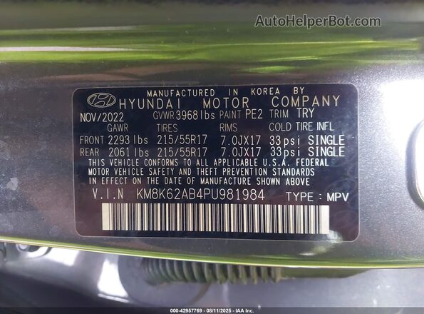 KM8K62AB4PU981984 2023 HYUNDAI KONA Gray Vista del compartimento del motor