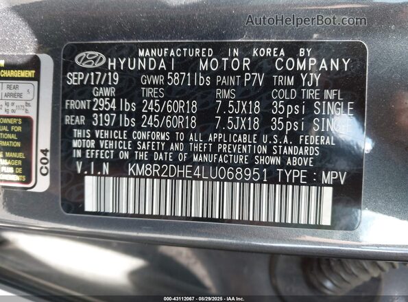 KM8R2DHE4LU068951 2020 HYUNDAI PALISADE Blue Engine compartment view