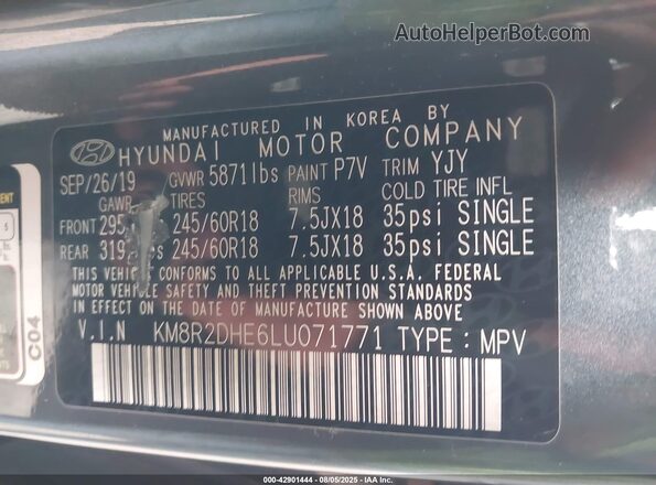 KM8R2DHE6LU071771 2020 HYUNDAI PALISADE Gray Vista del compartimento del motor
