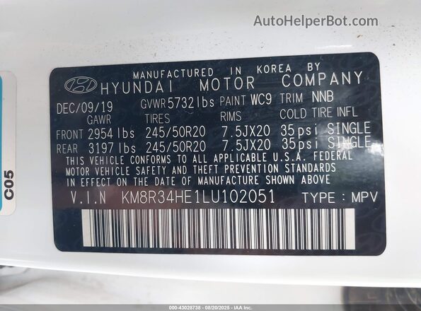 KM8R34HE1LU102051 2020 HYUNDAI PALISADE White Շարժիչի բաժամունքի տեսք