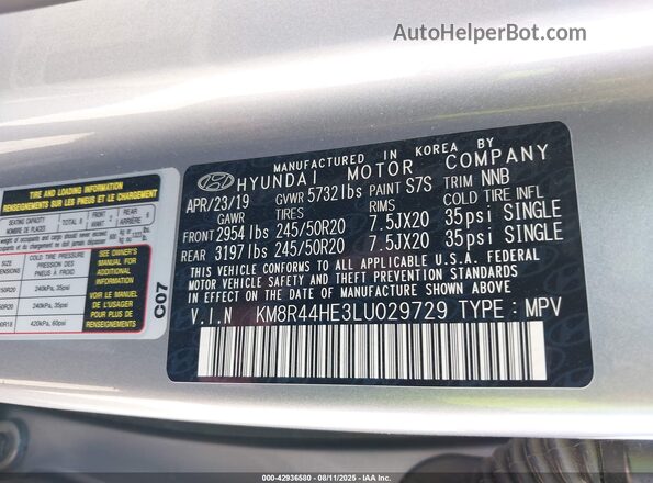 KM8R44HE3LU029729 2020 HYUNDAI PALISADE Gray Vista del compartimento del motor