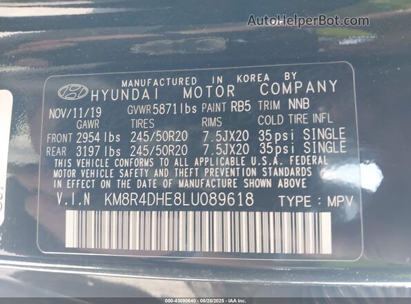 KM8R4DHE8LU089618 2020 HYUNDAI PALISADE Black Engine compartment view