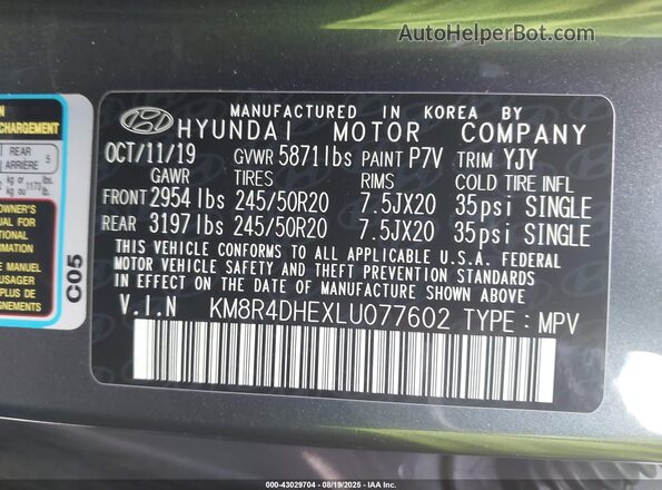 KM8R4DHEXLU077602 2020 HYUNDAI PALISADE Gray Vista del compartimento del motor