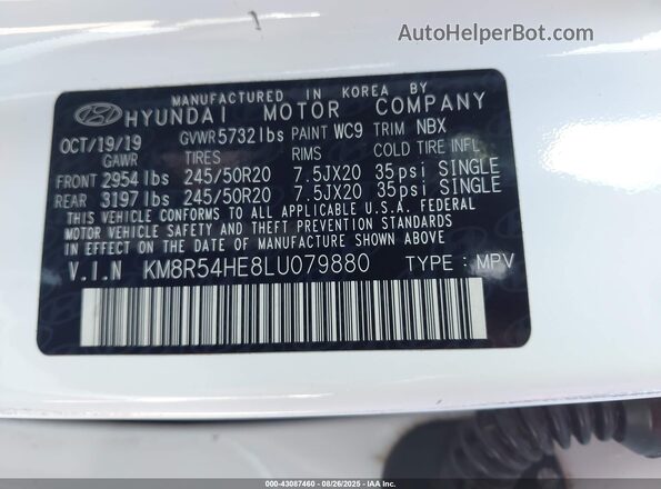 KM8R54HE8LU079880 2020 HYUNDAI PALISADE White Widok komory silnika