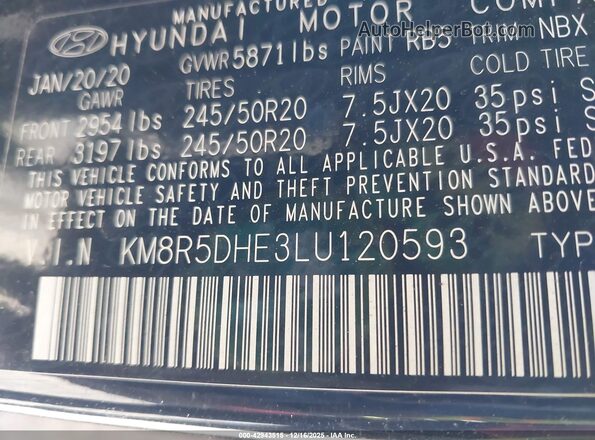 KM8R5DHE3LU120593 2020 HYUNDAI PALISADE Black Вид підкапотного простору