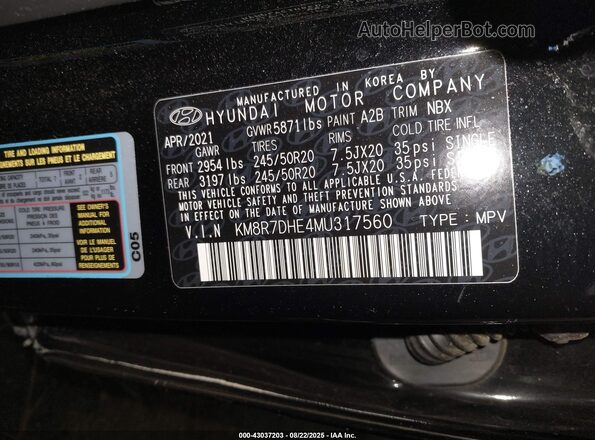 KM8R7DHE4MU317560 2021 HYUNDAI PALISADE Black Widok komory silnika