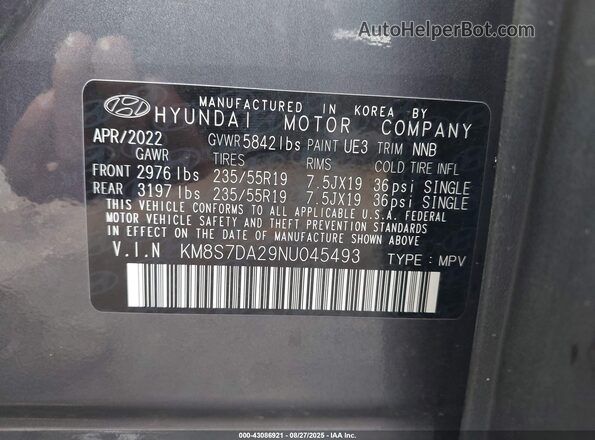 KM8S7DA29NU045493 2022 HYUNDAI SANTA FE PLUG-IN HYBRID Gray 