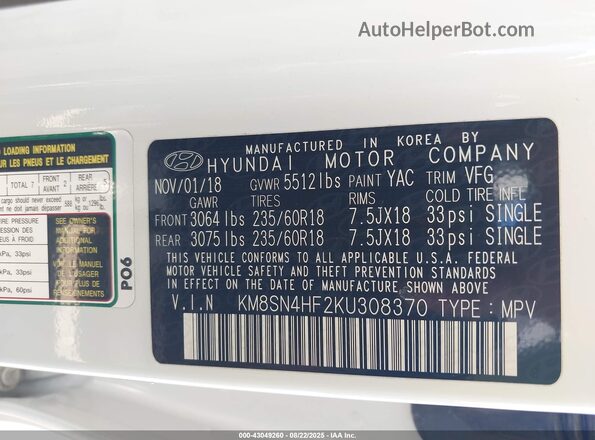 KM8SN4HF2KU308370 2019 HYUNDAI SANTA FE XL White Շարժիչի բաժամունքի տեսք
