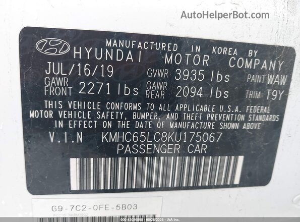 KMHC65LC8KU175067 2019 HYUNDAI IONIQ HYBRID White 