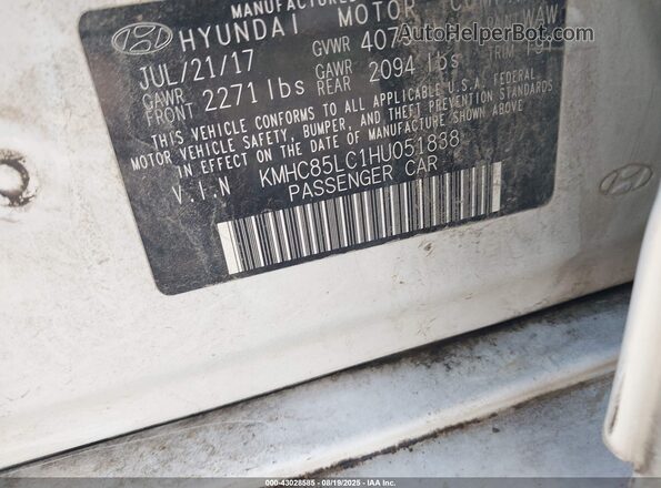 KMHC85LC1HU051838 2017 HYUNDAI IONIQ HYBRID White 