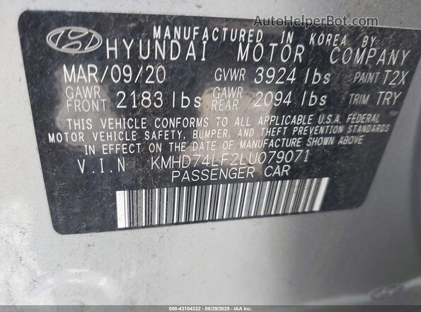 KMHD74LF2LU079071 2020 HYUNDAI ELANTRA Silver Vista del compartimento del motor
