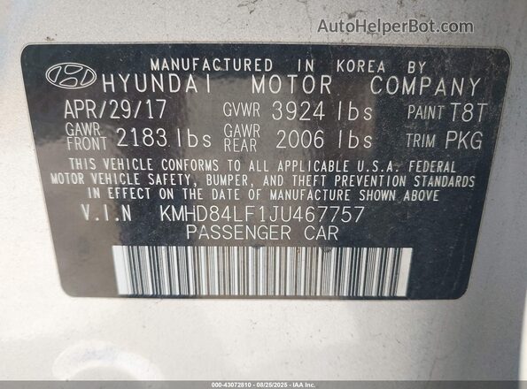 KMHD84LF1JU467757 2018 HYUNDAI ELANTRA Silver ძრავის განყოფილების ხედი