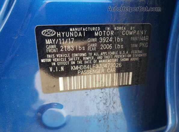 KMHD84LF3JU473026 2018 HYUNDAI ELANTRA Blue 