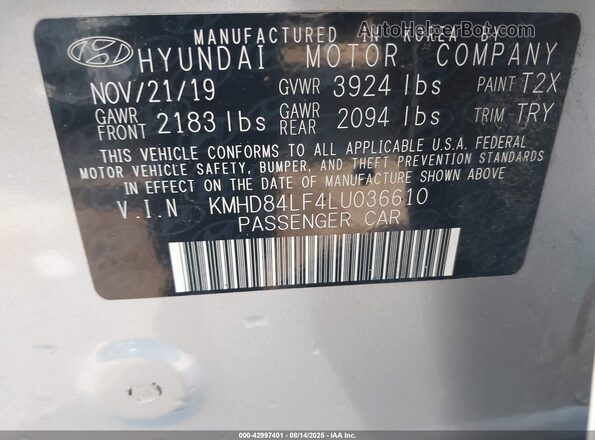 KMHD84LF4LU036610 2020 HYUNDAI ELANTRA Silver Engine compartment view